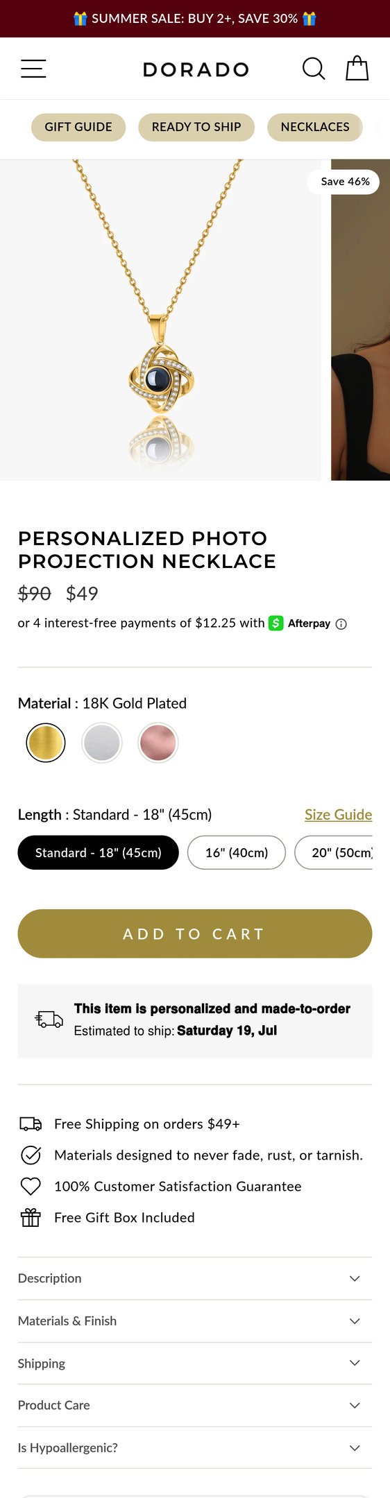 Jewelry product options include: necklace for Personalized Photo Projection Necklace from DORADO.