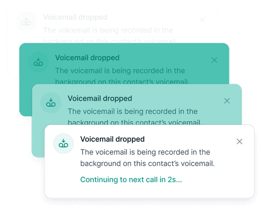 Visual showing the feature ‘Drop voicemails automatically,’ which allows users to leave pre-recorded voicemail messages as soon as a voicemail is detected. The interface includes a notification stating, ‘Voicemail dropped: The voicemail is being recorded in the background on this contact’s voicemail,’ followed by a countdown to the next call, ensuring seamless call flow and efficiency.