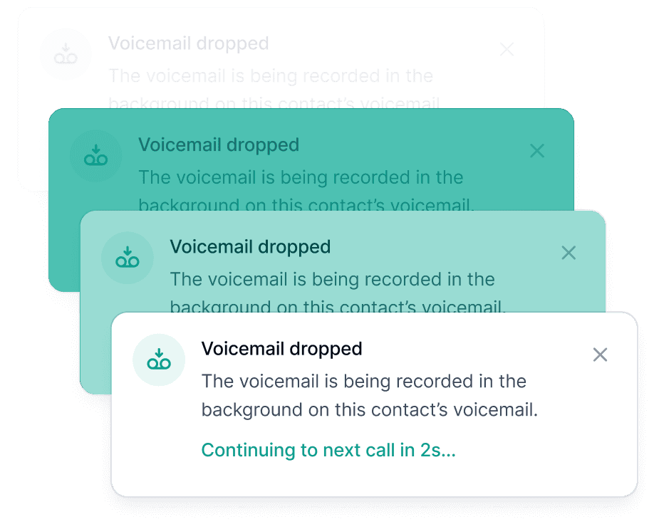 Visual showing the feature ‘Drop voicemails automatically,’ which allows users to leave pre-recorded voicemail messages as soon as a voicemail is detected. The interface includes a notification stating, ‘Voicemail dropped: The voicemail is being recorded in the background on this contact’s voicemail,’ followed by a countdown to the next call, ensuring seamless call flow and efficiency.