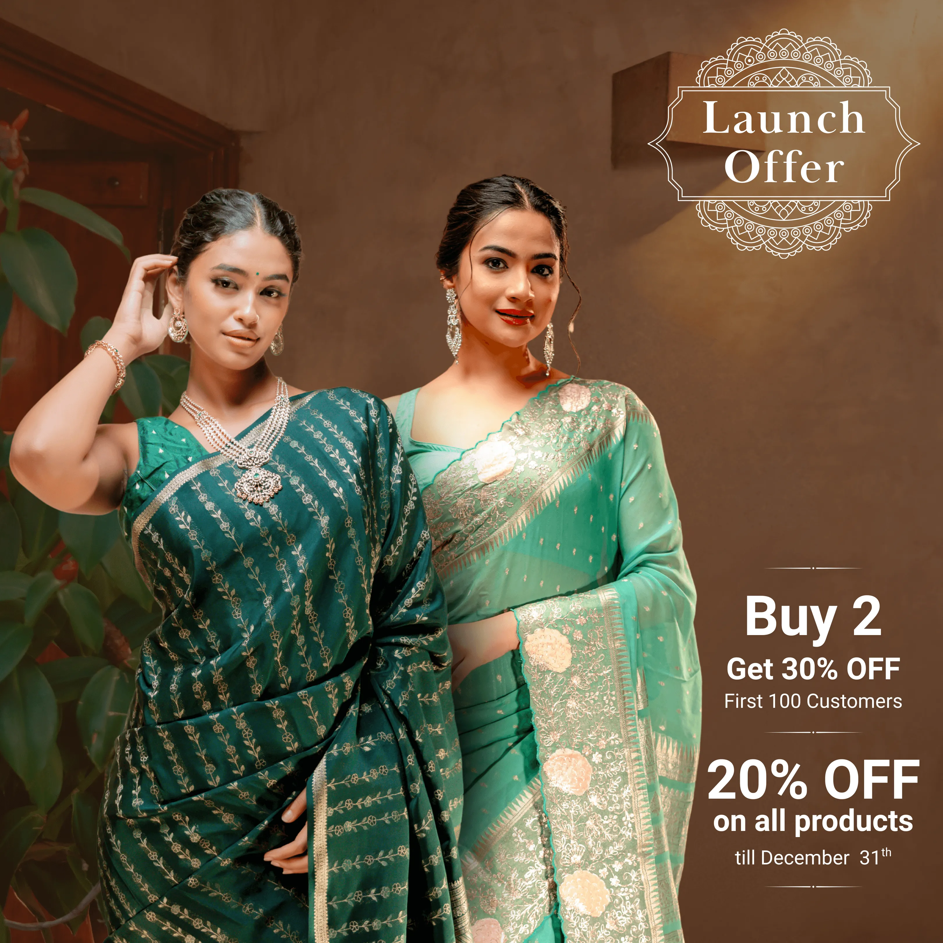 Two women wearing elegant sarees from That Saree Shop—one in pink and one in blue—standing gracefully on the grand royal staircase of a luxurious mansion.