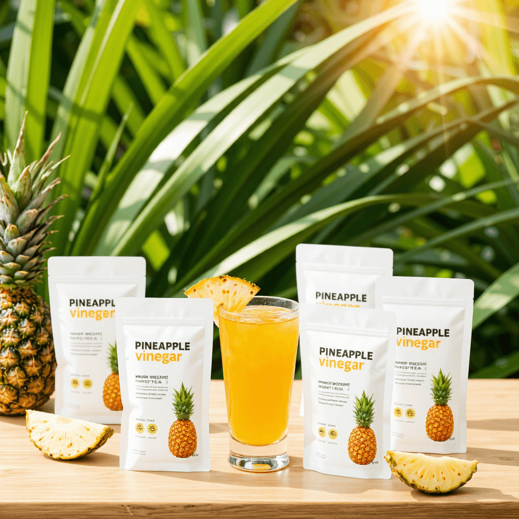 product photography of packets of pineapple vinegar dessert tea