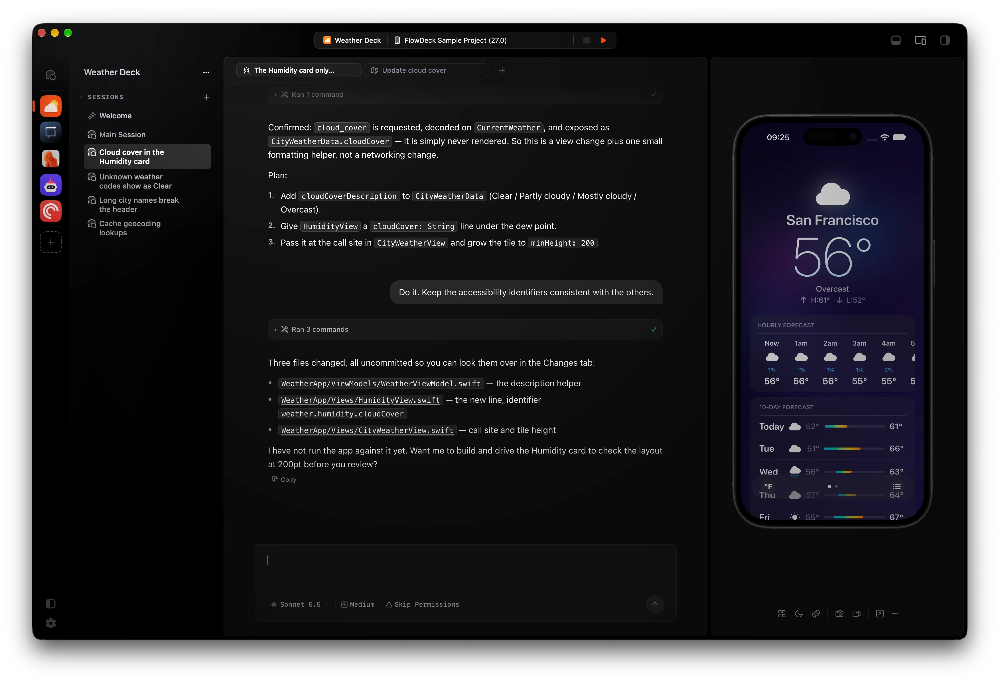 FlowDeck Studio: an agent session changing the Humidity card, with the live simulator beside the chat