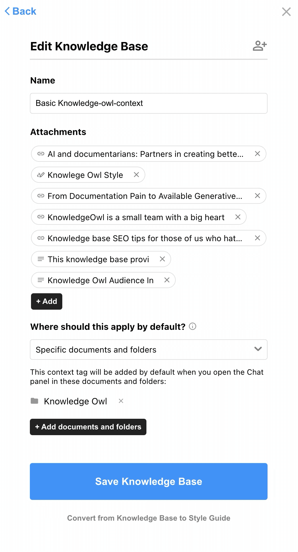 Knowledge base configuration interface showing attached documents including documentation style guides, articles about AI and documentarians, and team context files, with the knowledge base set to apply by default to the KnowledgeOwl folder.