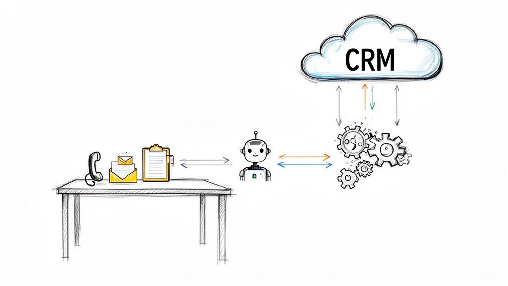 Diagram showing a robot automating communication data (phone, email, clipboard) and integrating with CRM via gears.