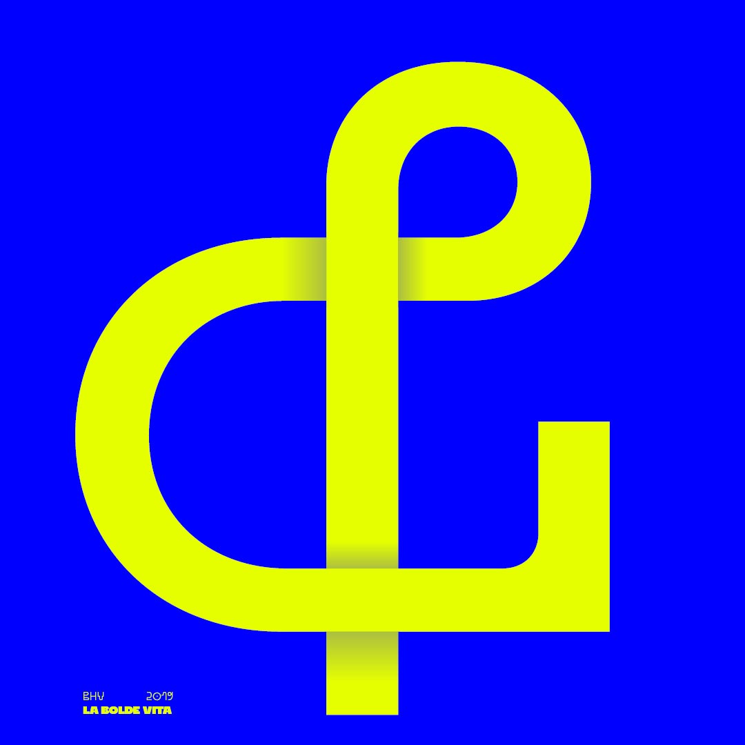 a huge ampersand in a light neon green on blue background with subtle shadows on the overlapping contours