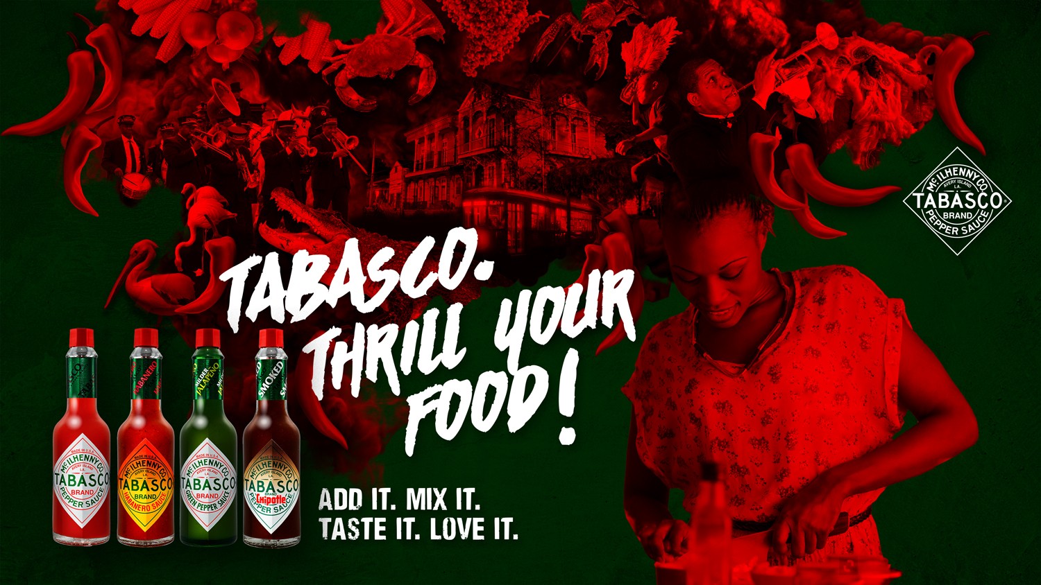 Anzeigenlayout für die Tabasco Kampagne „Thrill Your Food“ – markantes Design mit präziser Typografie und starker Bildwirkung