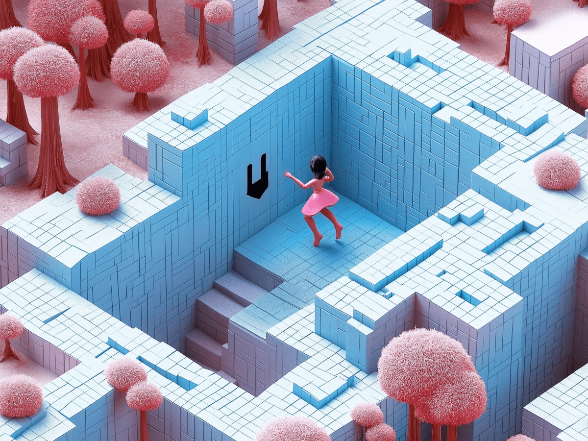 The image depicts a surreal scene of a woman in a pink dress exploring a vibrant, maze-like structure surrounded by pink fluffy trees.