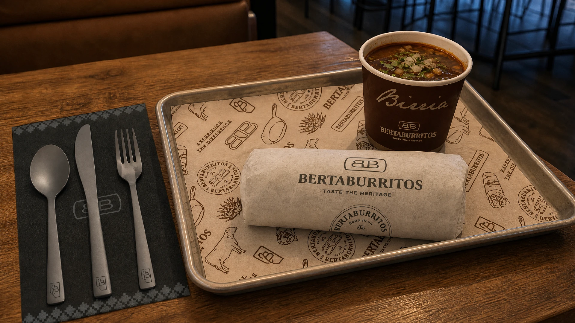 BertaBurritos restaurant branding applied to a serving tray, burrito wrapper, utensils and drink cup