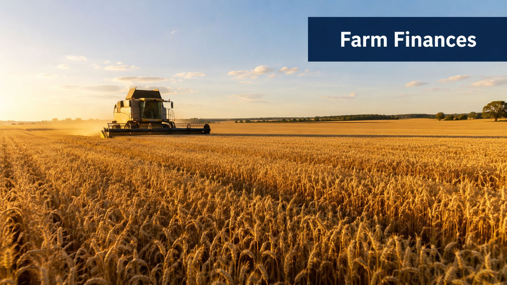 A large combine harvester moving through a vast golden wheat field during a sunny afternoon.