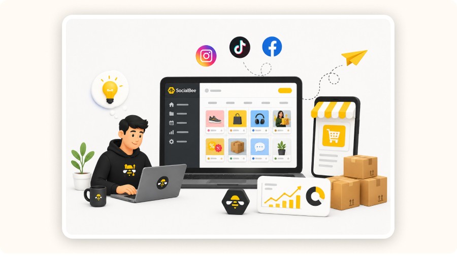 Minimalist illustration of a dropshipper using SocialBee AI