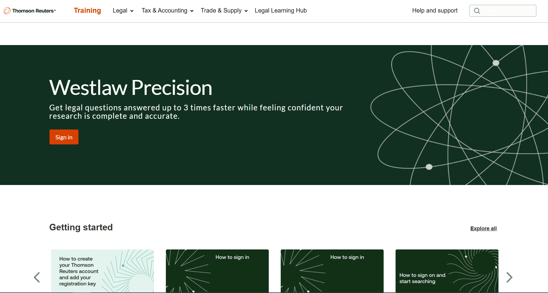 Homepage screenshot of Westlaw Precision by Thomson Reuters featuring a green banner, the headline “Westlaw Precision,” and getting-started resources below.