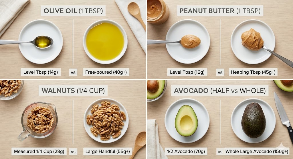 A top-down view of four small white plates on a light wood grain background, providing a side-by-side weight comparison of common healthy foods: Olive Oil (1 TBSP), Peanut Butter (1 TBSP), Walnuts (1/4 CUP), and Avocado (HALF vs WHOLE). Each item shows a significant weight difference, labeled in grams, to highlight differences in portion sizing.