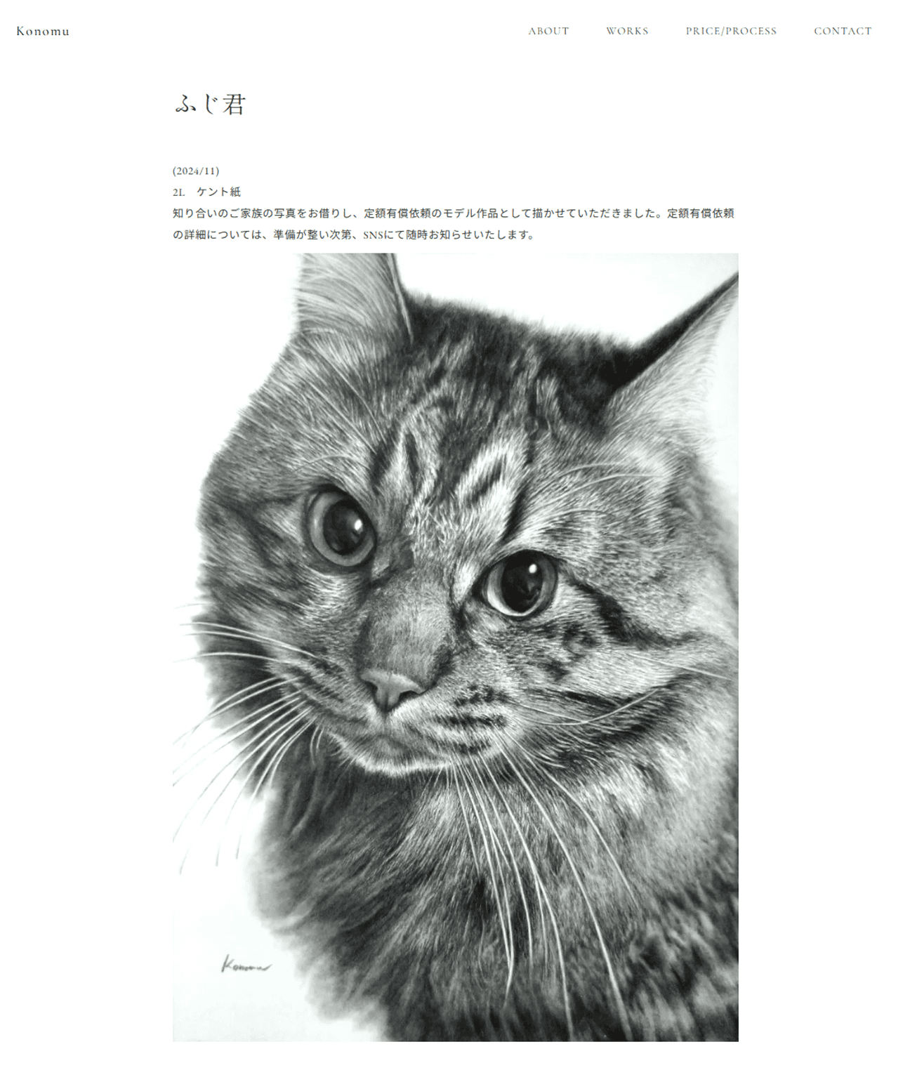 鉛筆画家Konomuさんのポートフォリオサイトのスクリーンショット。ファーストビューには鉛筆で描かれた猫の絵。繊細なタッチで写真と見間違うほどの鉛筆画。猫のイラストのアップ。