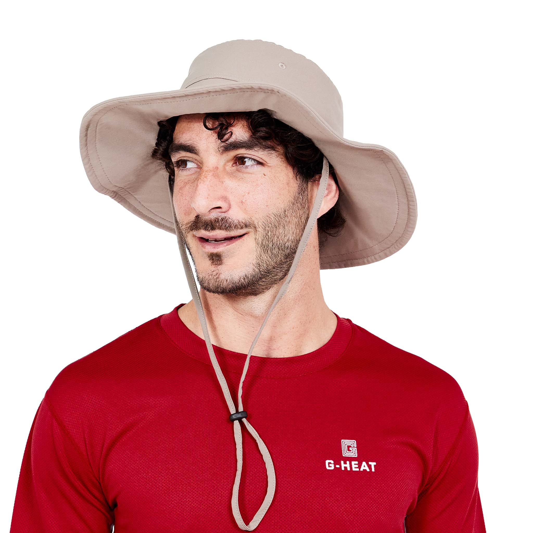 Beige G-Heat UV-protective cooling hat worn from the front by a man, white background
