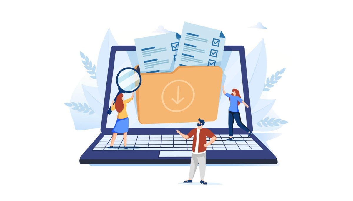 Illustration of team reviewing documents on large laptop screen with checkboxes and text.