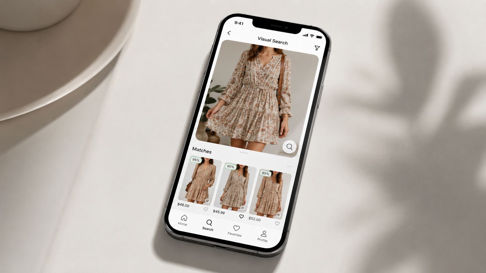 A smartphone screen displaying a visual search app with clothing matches for an online shopping interface.