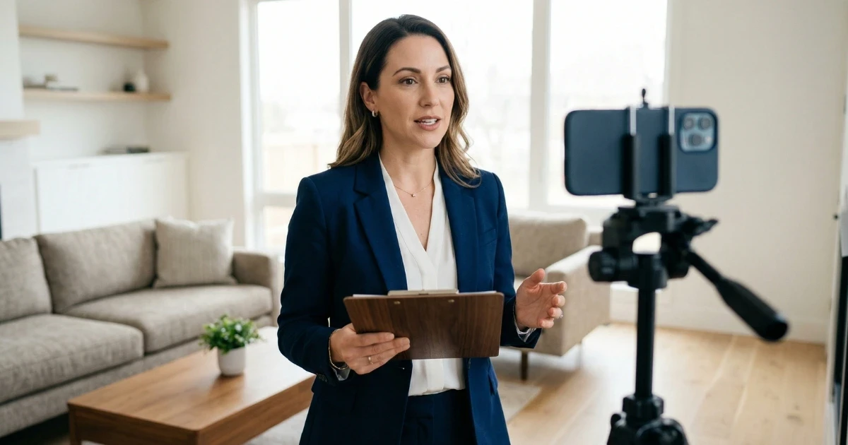 Real estate agent reading a script while recording a YouTube video on camera.