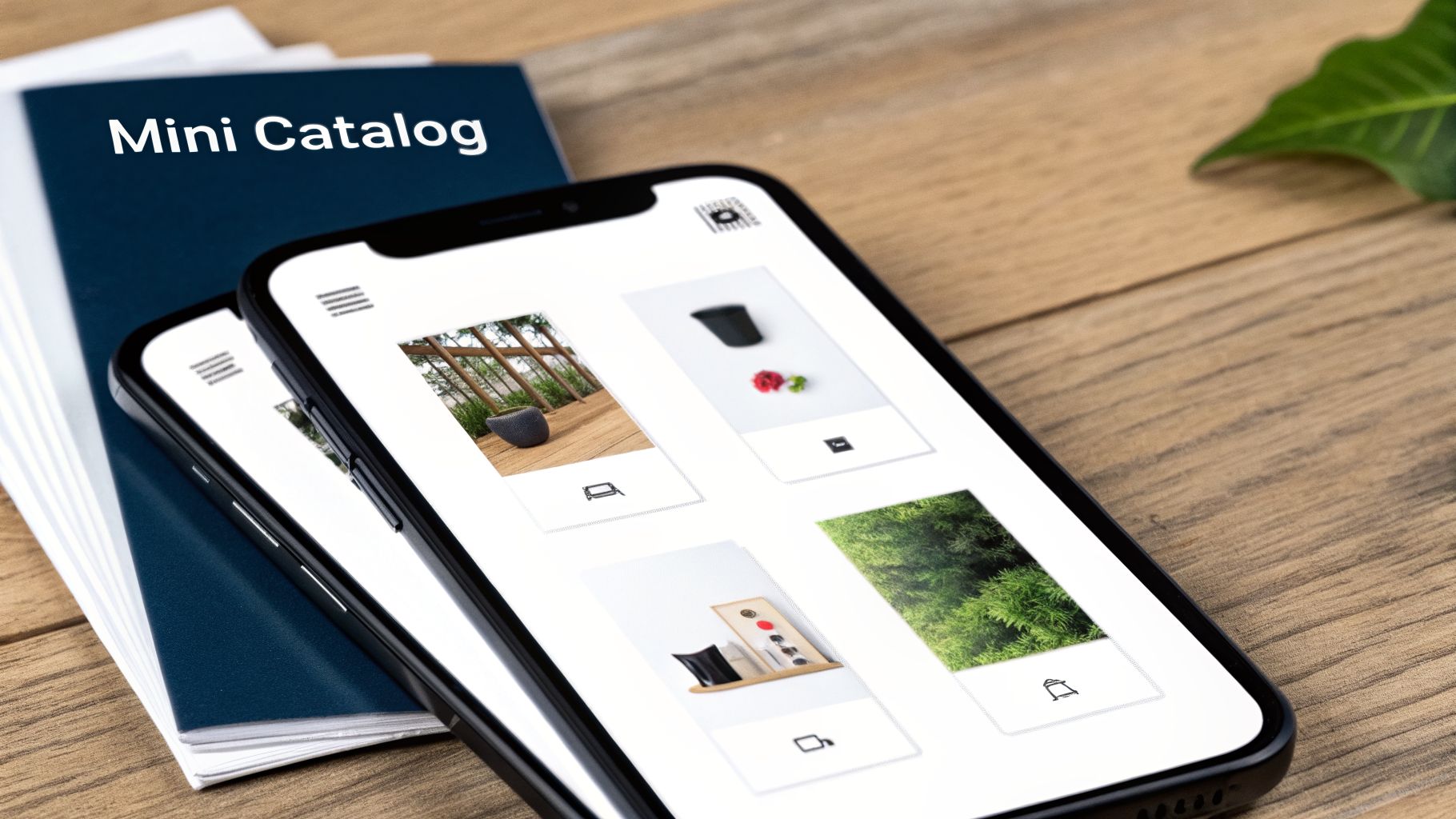 Smartphones displaying a digital product catalog app next to physical 'Mini Catalog' brochures on a wooden table.