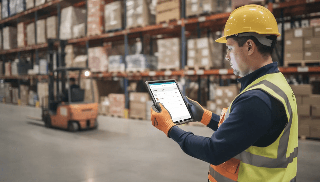 A warehouse worker is focused on reviewing orders on a tablet device, which enables the electronic data interchange (EDI) of critical business documents like purchase orders and shipping notices. This process improves data accuracy and speeds up transactions by reducing manual data entry errors and facilitating real-time data exchange with trading partners.
