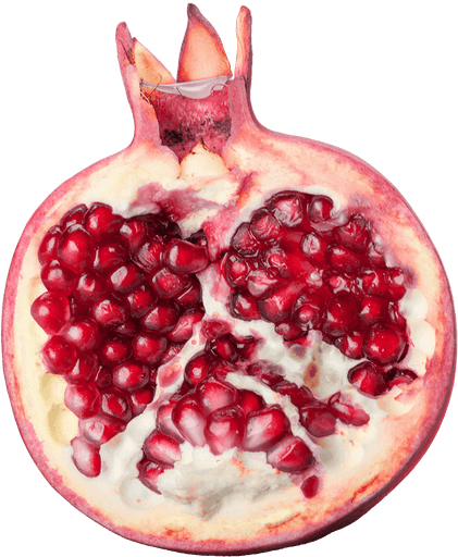 Half pomegranate on the GUFR product shelf — symbol of fullness, seeds of ideas and bold taste in consulting.