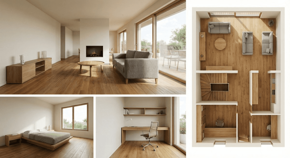 "Based on the uploaded 2D floor plan, generate a professional interior design presentation board in a single image. Layout: A collage with one large main image at the top (wide-angle perspective of the living area), and three smaller images below (Master Bedroom, Home Office, and a 3D top-down floor plan). Style: Apply a Modern Minimalist style with warm oak wood flooring and off-white walls across ALL images. Quality: Photorealistic rendering, soft natural lighting."