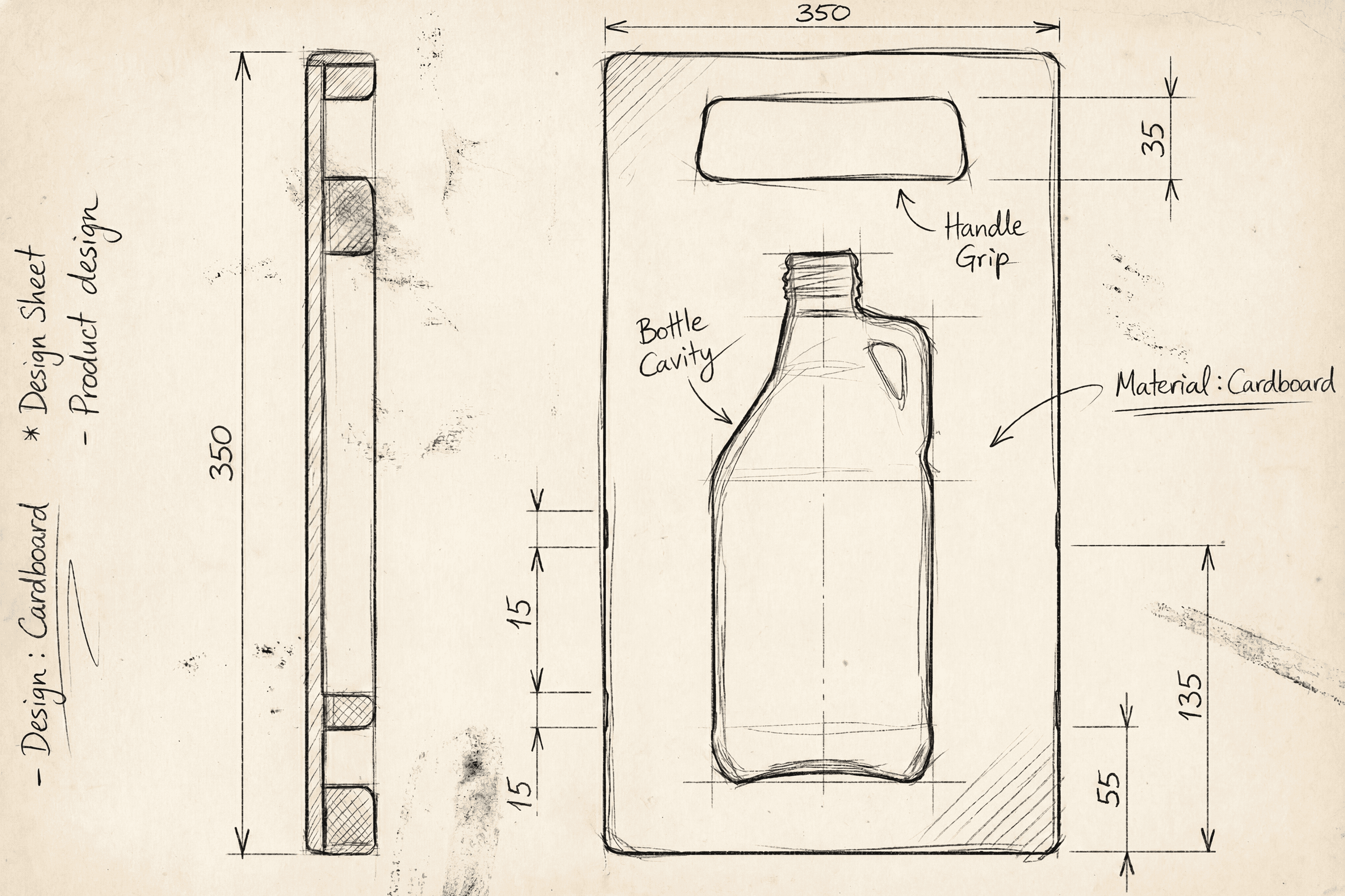 Cardboard bottle packaging design sketch with measurements.
