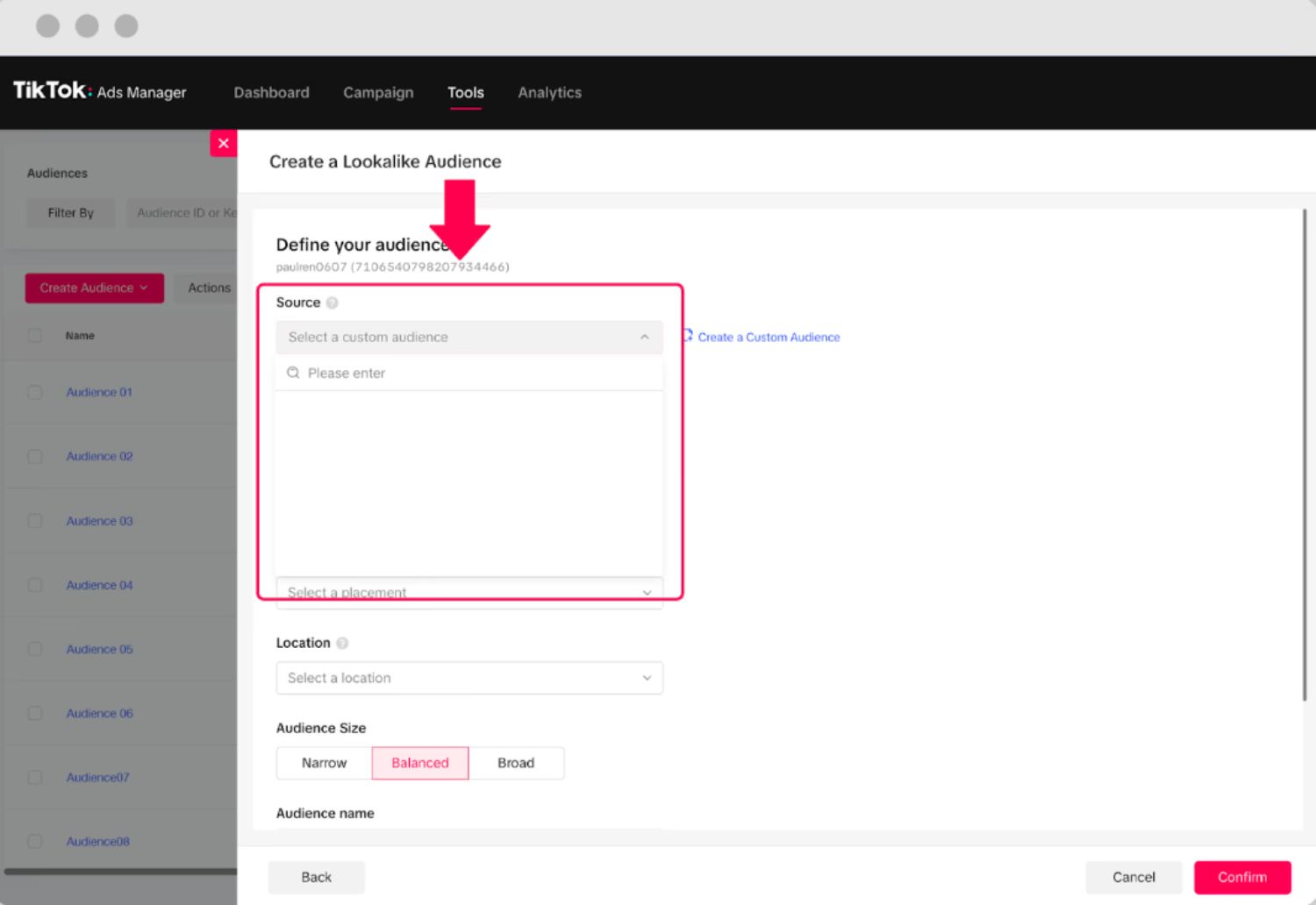 Create a Lookalike Audience: A TikTok Ads Manager interface for setting up a lookalike audience based on a custom source.