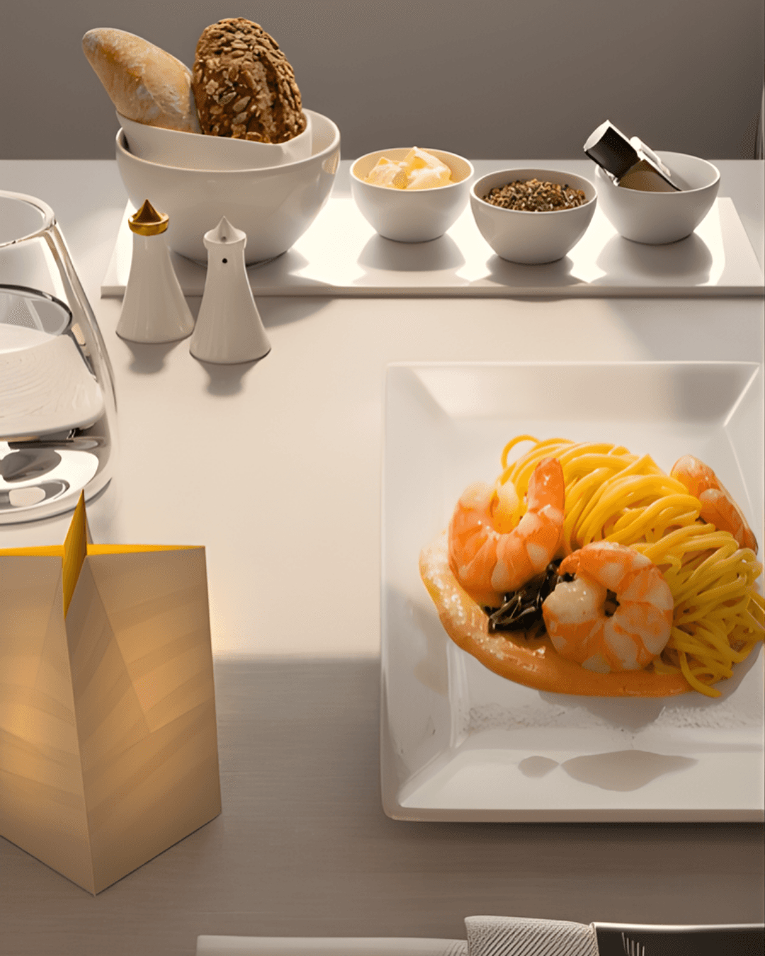 A high-quality render of a shrimp pasta meal and bread served on a white airplane tray table