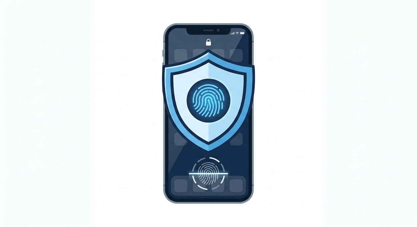 Mobile phone protected by a shield icon with a fingerprint scan, representing app security.