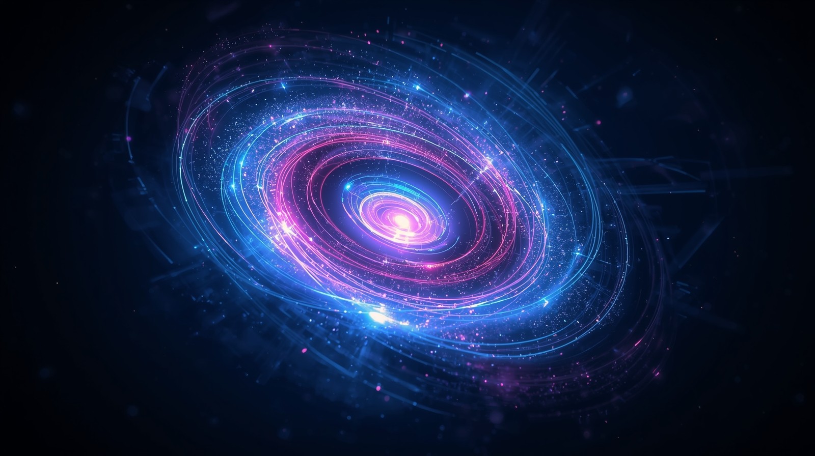 A glowing futuristic galaxy spiral made of neon light trails and cosmic dust, with a high-tech aesthetic schema code.