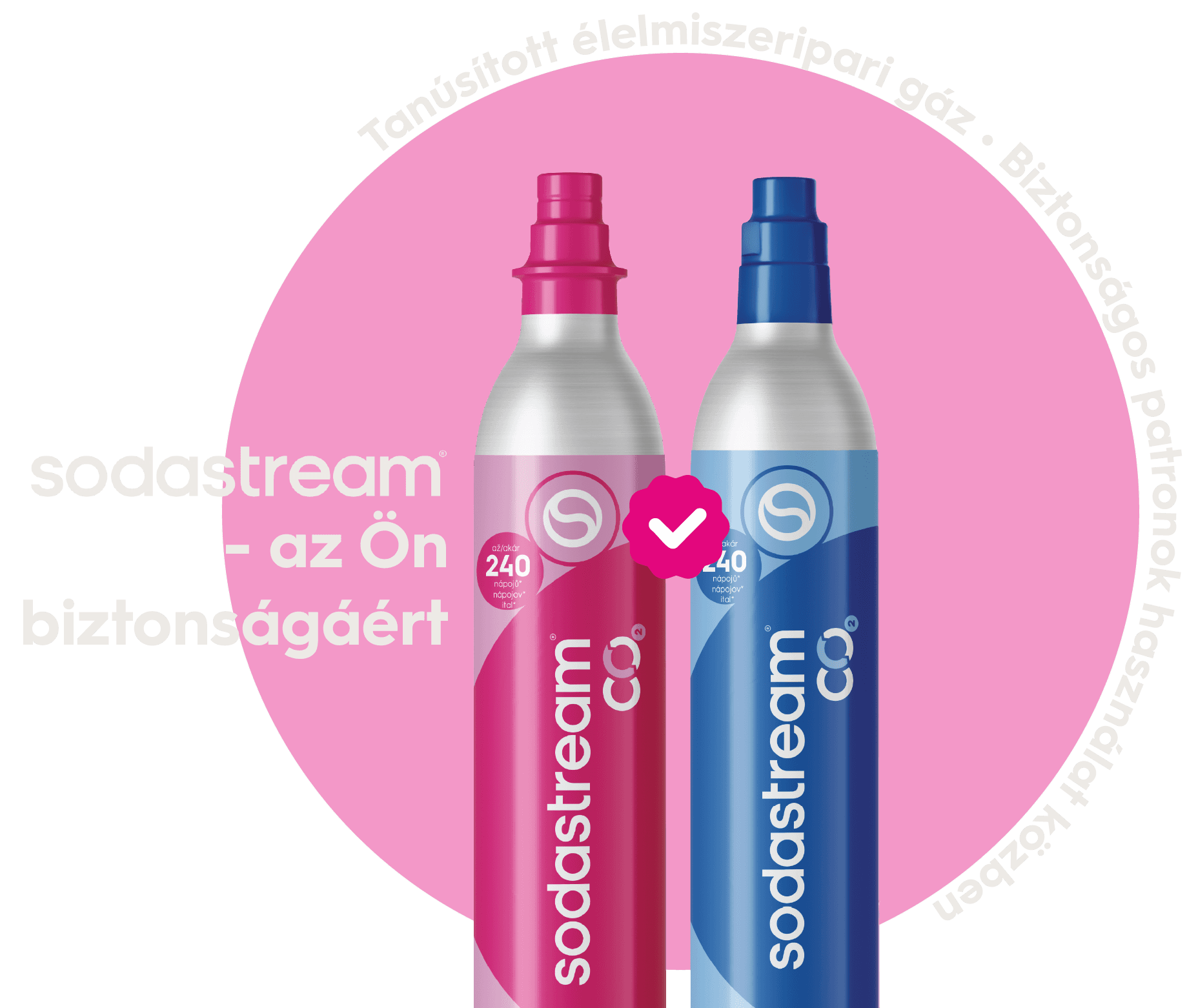 Sodastream patronok rózsaszín kör háttéren sodastream - az Ön biztonságáért és Tanúsított élelmiszeripari gáz - biztonságos patronok szövegekkel mellette