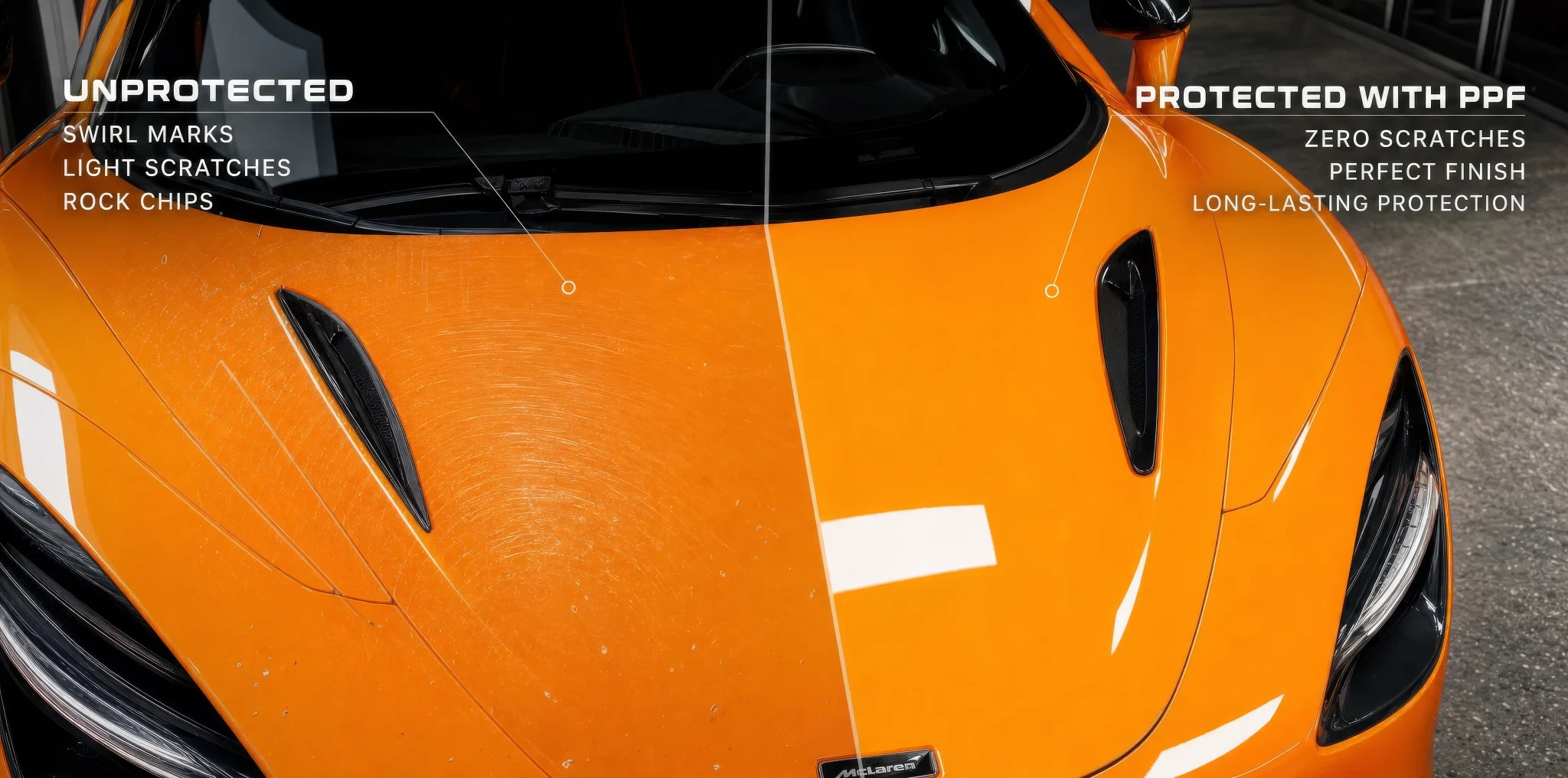 McLaren 720S hood split down the middle: unprotected paint with swirl marks and rock chips on one side, PPF-protected paint with a perfect finish on the other
