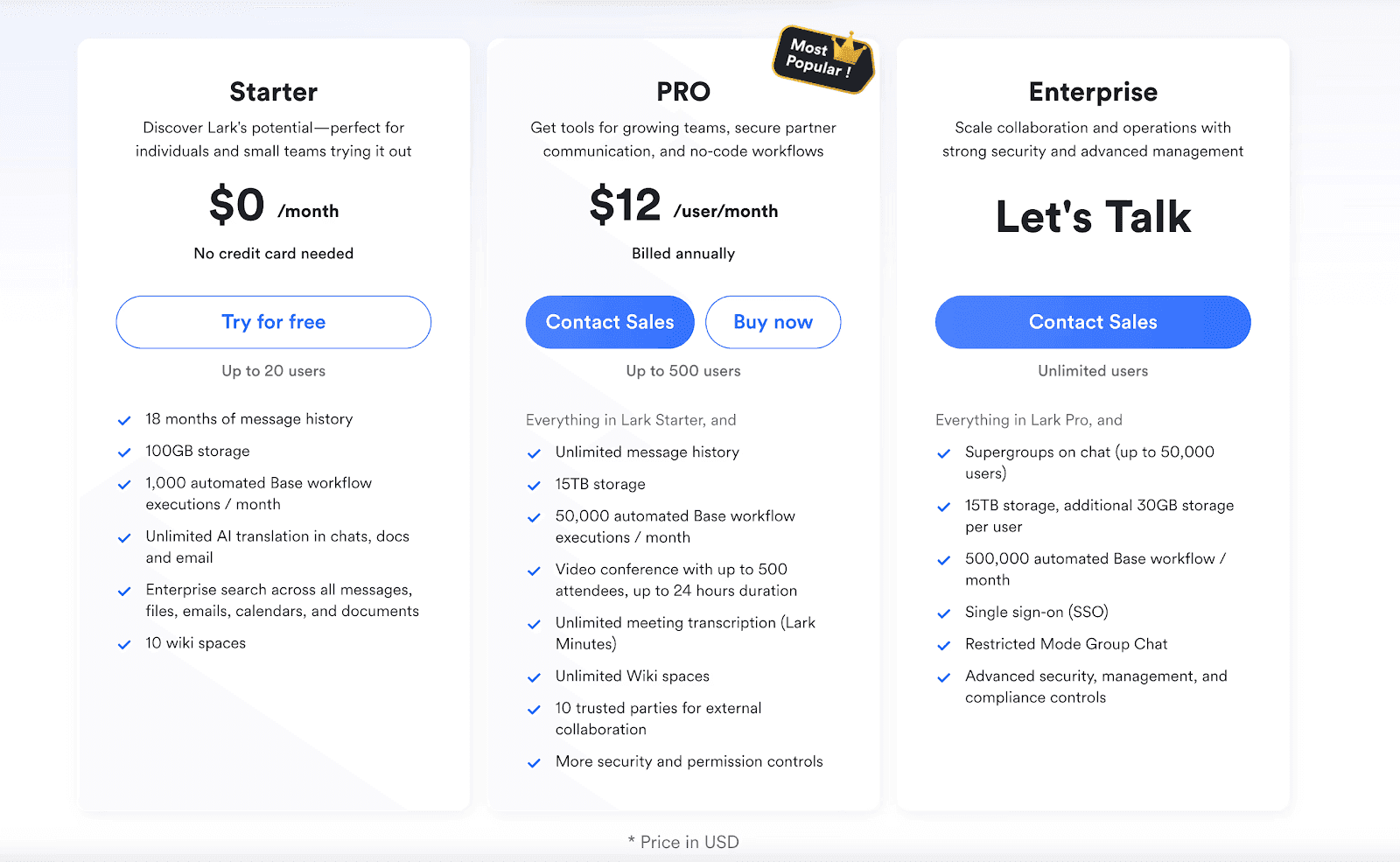 Lark pricing for different plans, with the starter plan giving users free internal knowledge base software
