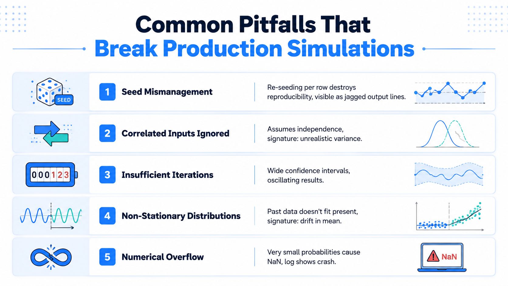 An infographic titled Common Pitfalls That Break Production Simulations listing five technical challenges in data modeling.