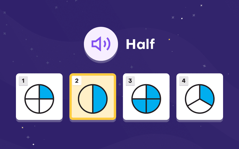 Talamo test screen, Maths Language (Language): the word ‘Half’ with a listen button and four circle pictures, with the half-shaded circle selected.