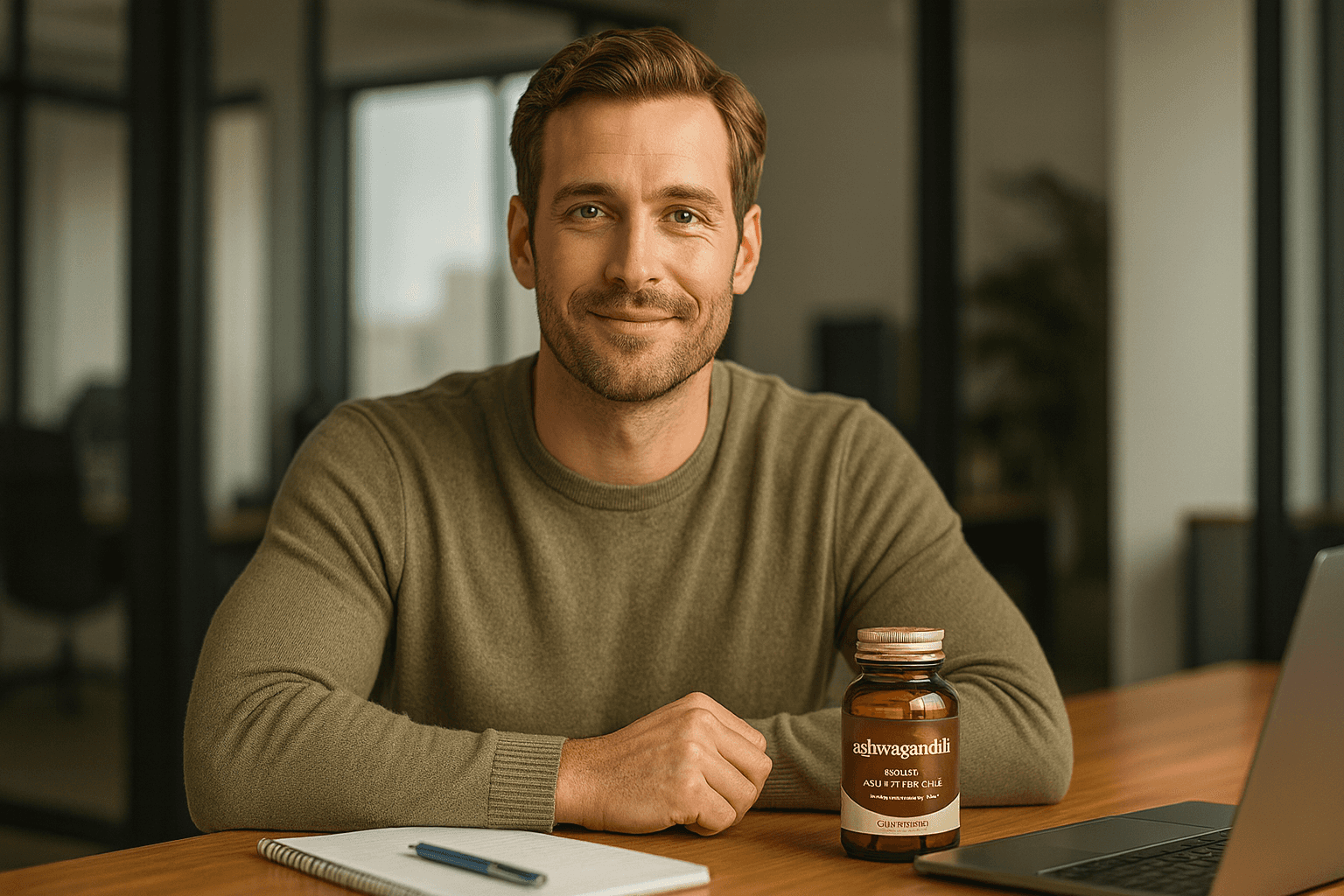 A smiling, relaxed man in the office, with ashwagandHi bottle on his desk