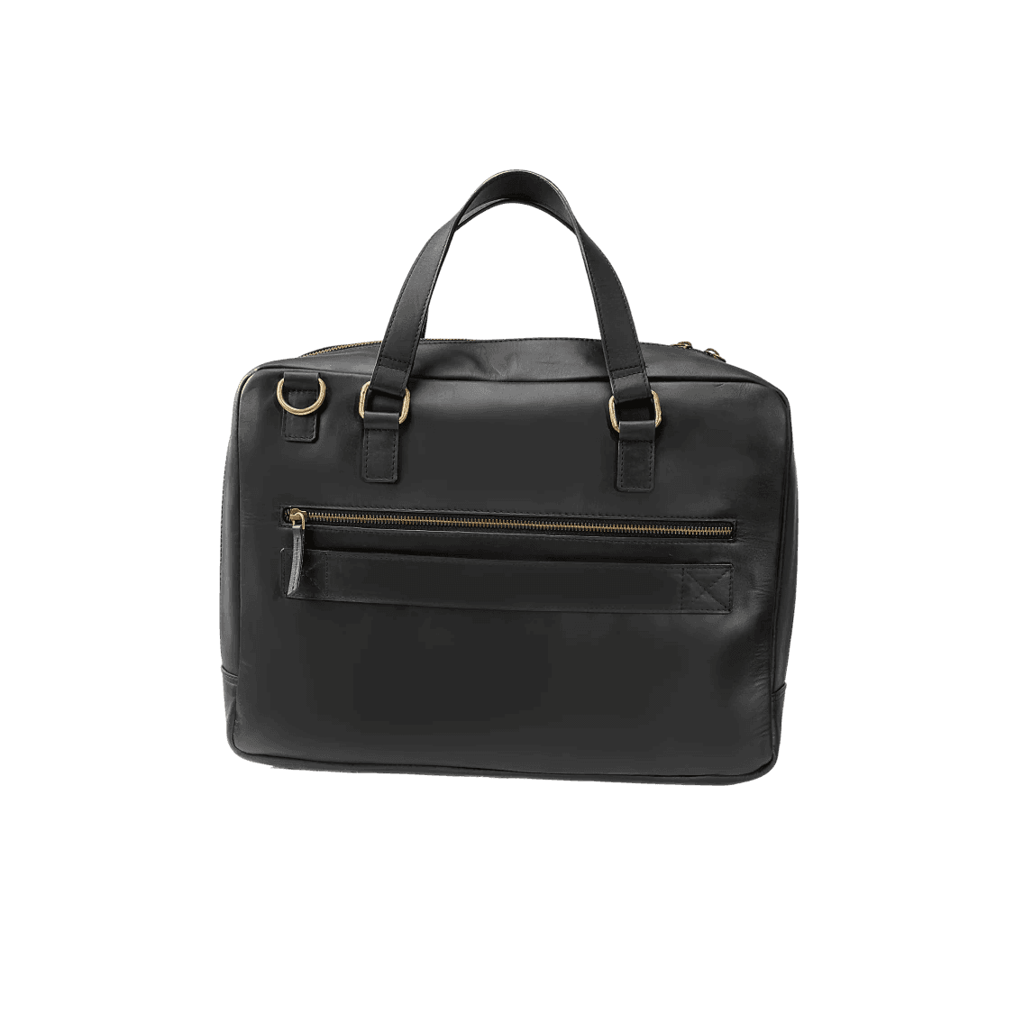 Black leather duffel bag with gold zippers on a white background