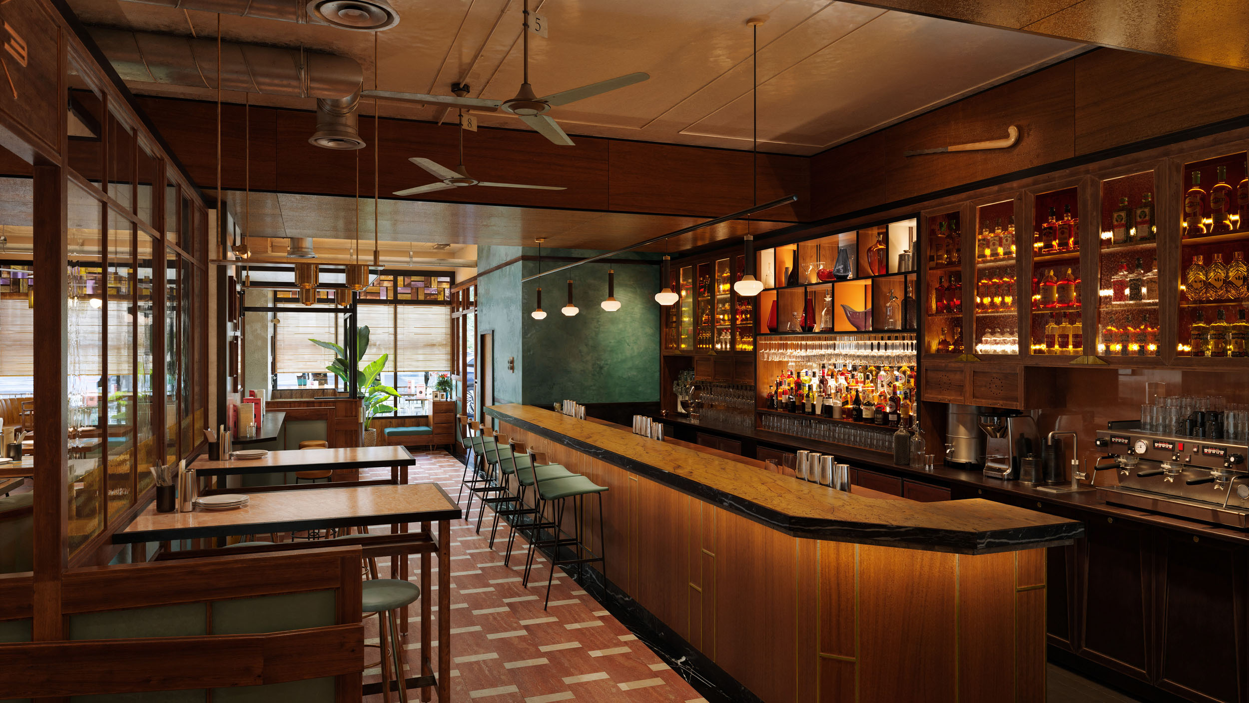 Architectural render of a bar interior, photorealistic render.