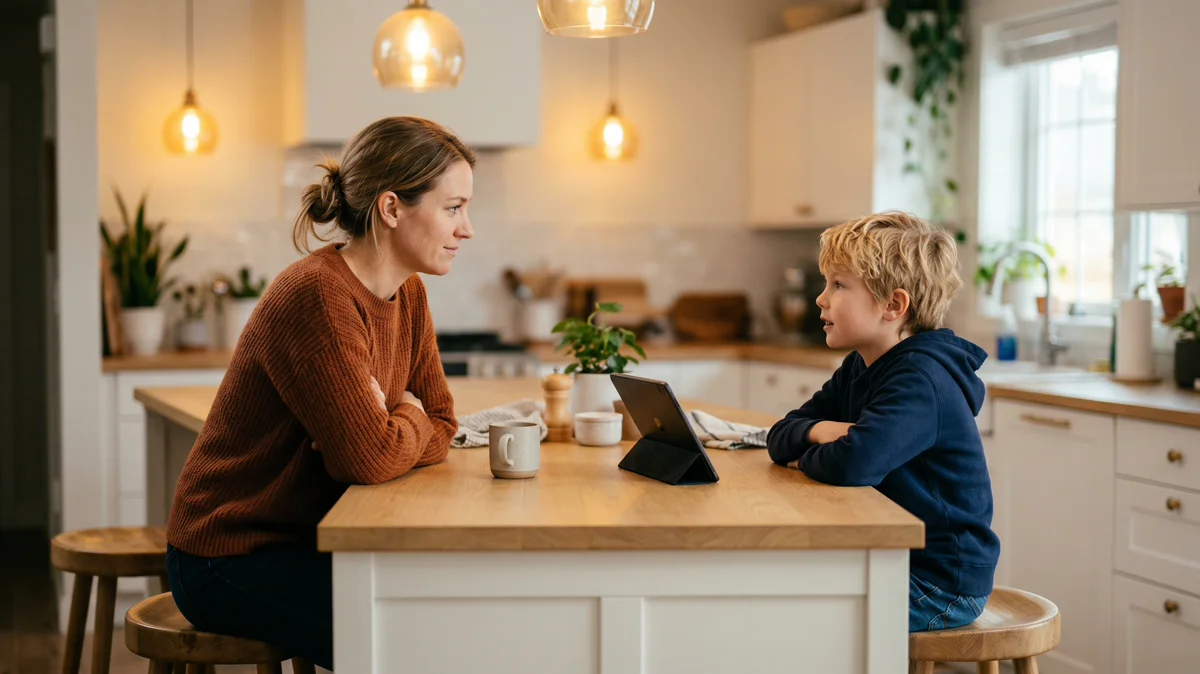Parent and child discussing Discord safety rules and voice chat boundaries