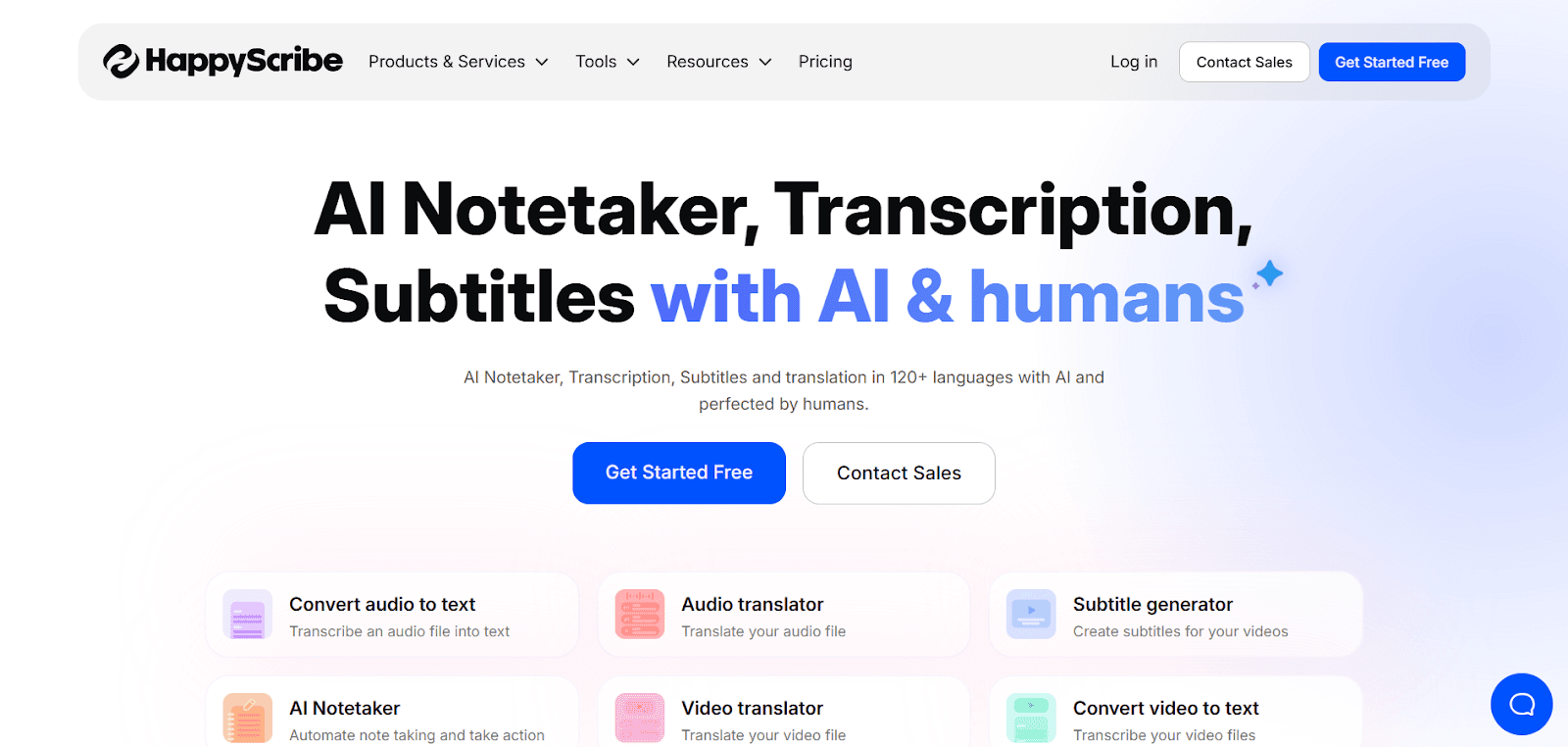 Happy Scribe homepage featuring AI transcription, subtitles, translation, and speech-to-text tools for multilingual content.