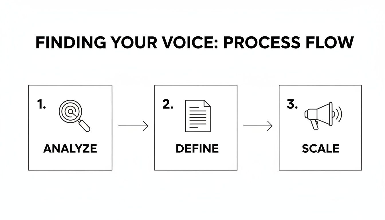 A three-step process flow diagram illustrating finding your voice: analyze, define, and scale.