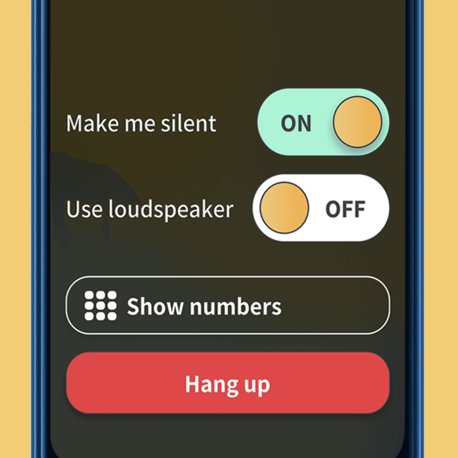 Phone displaying Chatsie app menu with options like calling, reading texts, and other functions on a white background.