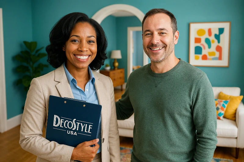 Smiling DecoStyle USA consultant with a satisfied client in their beautifully colored Whitestone home