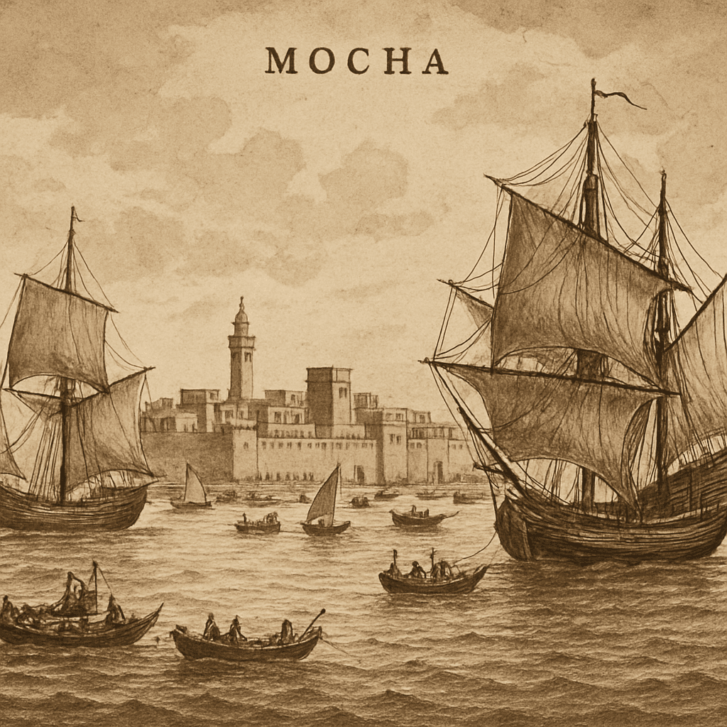 Historical port of Mocha with trade ships