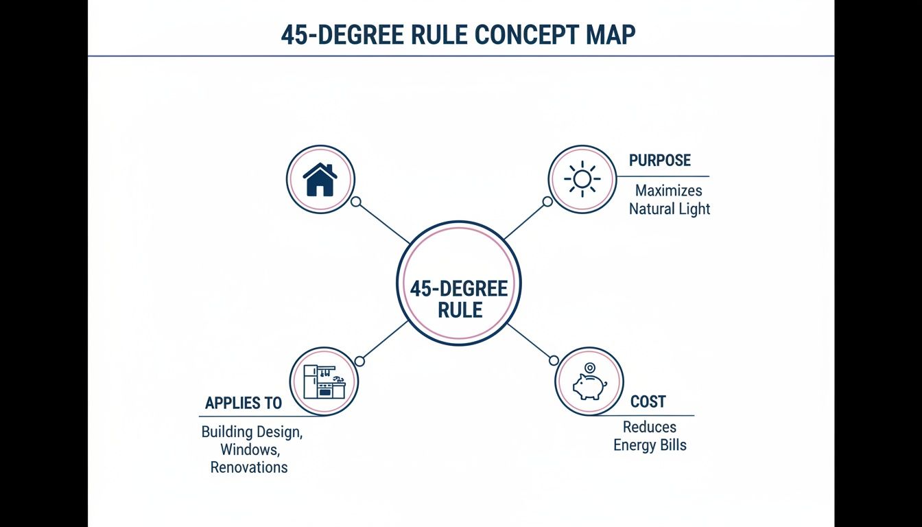 A concept map illustrating the 45-degree rule, showing its purpose, applications, and cost benefits.