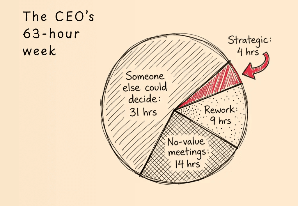 CEO's 63-hour work week breakdown — 31 hours on decisions someone else could make, 14 hours in no-value meetings, 9 hours rework, 4 hours strategic. He wasn't overworked. He was over-deciding.