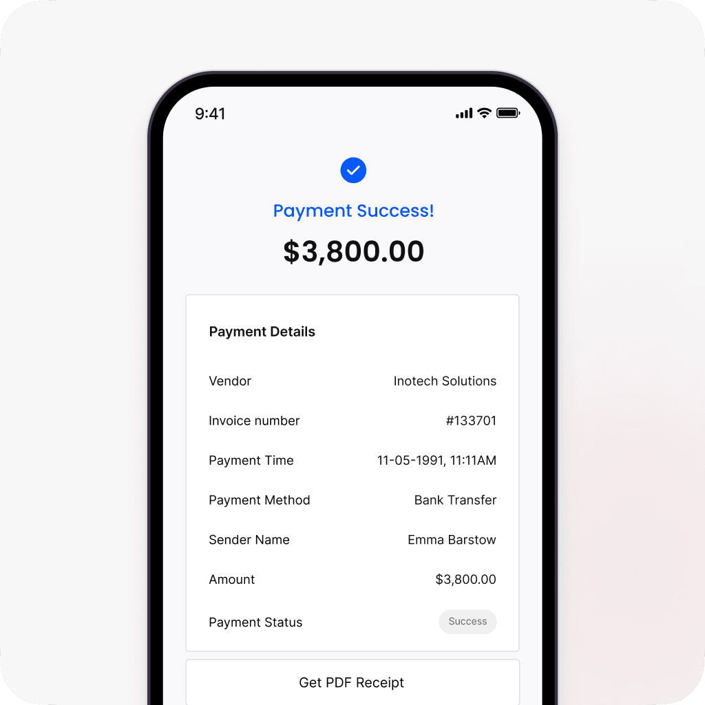 Payment Success screen showing $3,800 transaction details, including vendor, invoice number, payment time, method, sender name, amount, and status.