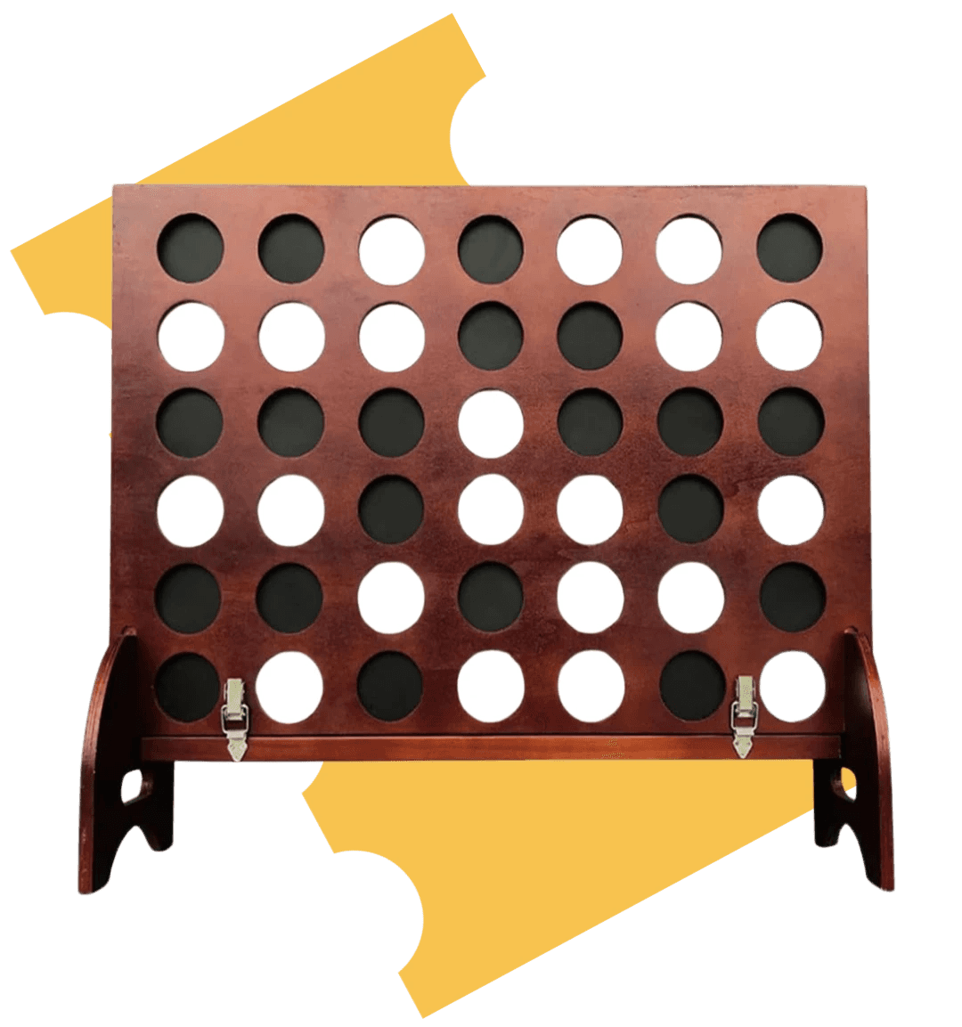 An image of a large Connect 4 game. It is made of a dark colored wood and has black and white tokens.