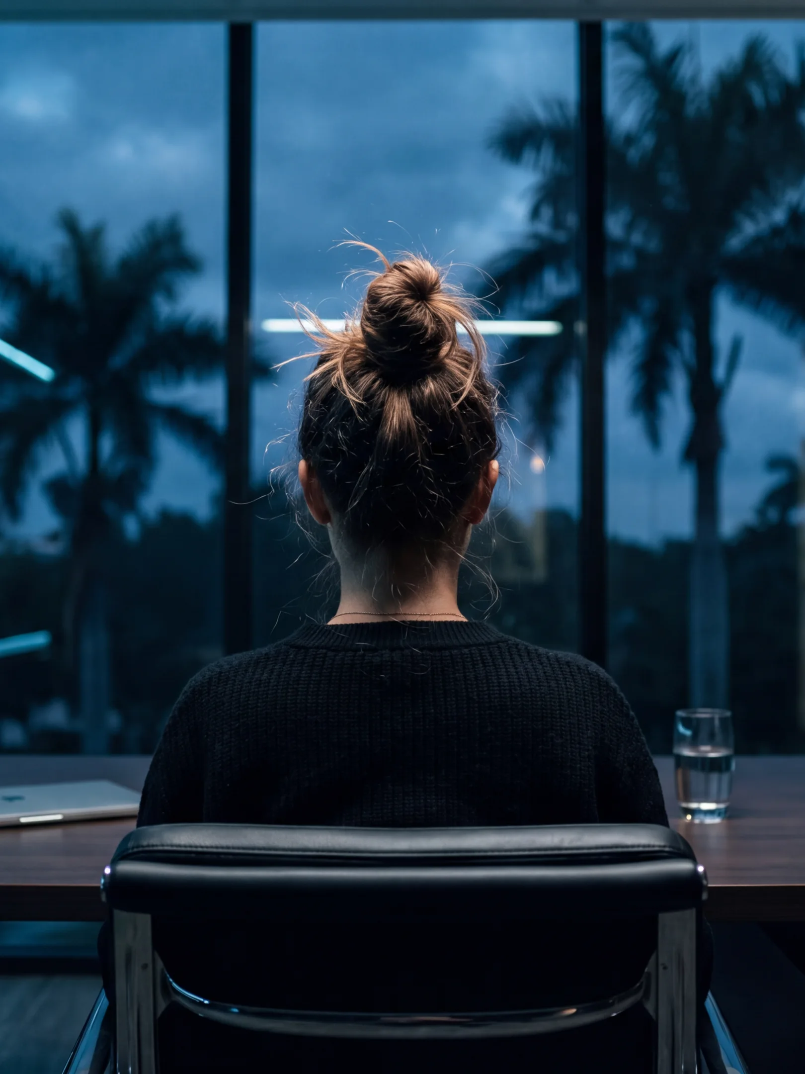 Woman at a dark desk seen from behind, looking out at palms through a tall window at dusk
