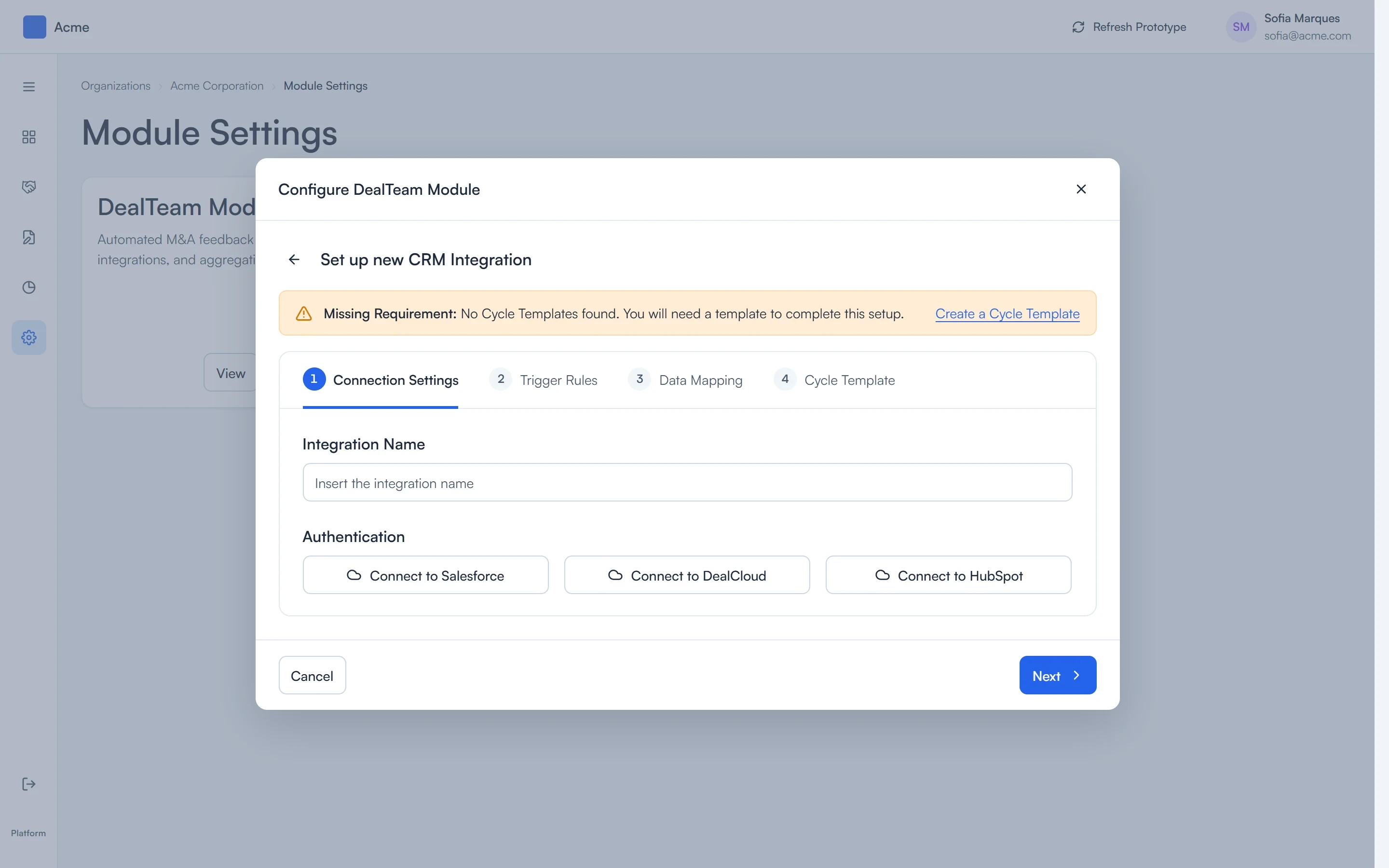 DealTeam module setup showing a missing cycle-template prerequisite and the Create a Cycle Template link.